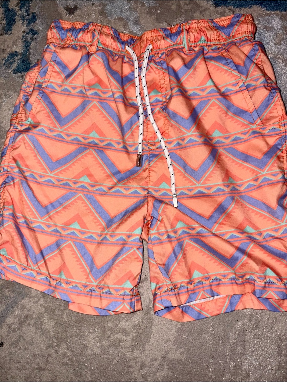 Southern Marsh Coral Swim Shorts with Purple and Teal Aztec Print